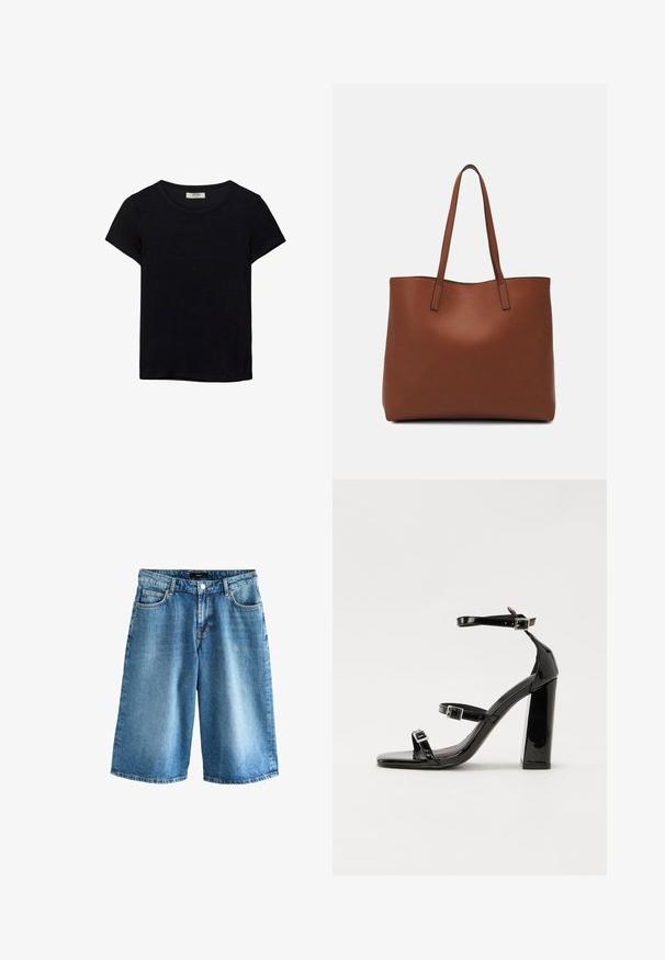 Črna kratkotrajna majica s kratkimi rokavi, narejena iz mehkega materiala. Ima klasičen krožni izrez in sproščen kroj. Ni vidnih vzorcev ali dodatkov.; Jeans kratke hlače v svetlo modri barvi, z ohlapnim krojem, standardnim pet-pocket dizajnom in pasom z gumbom.; Črne lakirane sandale s peto, kvadratnim prstom, trakovi okrog gležnja in srebrnimi zaponkami. Opremljene so s stabilno Debelo peto.; Rjava usnjena torba z gladko teksturo, odprto zasnovo zgoraj in dvema naramnima trakovoma. Opremljena je z minimalnim šivanjem in brez vidnih kovinskih delov.