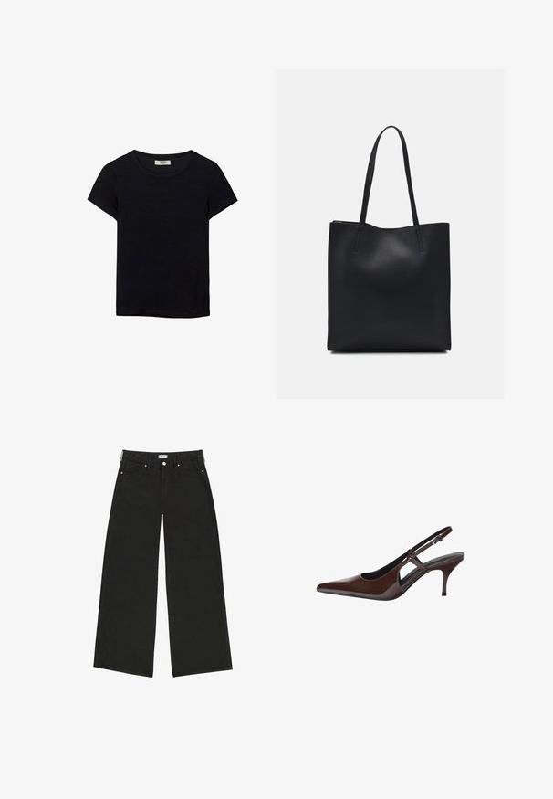 Crna majica kratkih rukava od mekanog materijala. Ima klasični okrugli izrez i opušteni kroj. Bez vidljivih uzoraka ili akcenta.; Crne široke traperice od denima, s visokim strukom, prednjim džepovima i kontrastnim zlatnim detaljima. Čist, ravni kroj.; Smeđe lakirane kožne sandale s otvorenom petom, špicastim nosom i tankim potpeticama. Imaju podesiv remen s kopčanjem.; Crna kožna torba za nošenje s glatkom teksturom, pravokutnim oblikom i dvije duge ručke. Nema vidljivih metalnih dijelova ili ukrasa.