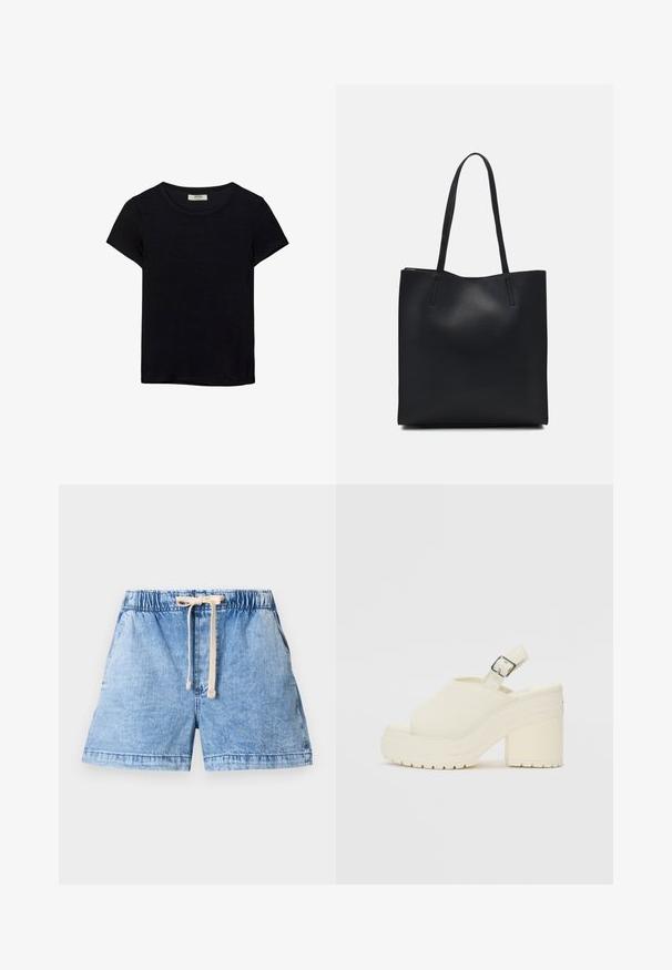 Černé tričko s krátkým rukávem vyrobené z měkké látky. Má klasický kulatý výstřih a volný střih. Žádné vzory nebo akcenty nejsou viditelné.; Světle modré denimové šortky s elastickým pasem a šňůrkou na stažení. Mají dvě boční kapsy a rovný lem.; Bílé platformové boty s otevřenou špičkou a páskem kolem paty. Vyrobené z texturovaného materiálu, s tlustou podrážkou s protiskluzovými vzory.; Černá kožená taška přes rameno s hladkým povrchem, obdélníkovým tvarem a dvěma dlouhými uchy. Žádné viditelné kování ani ozdoby.