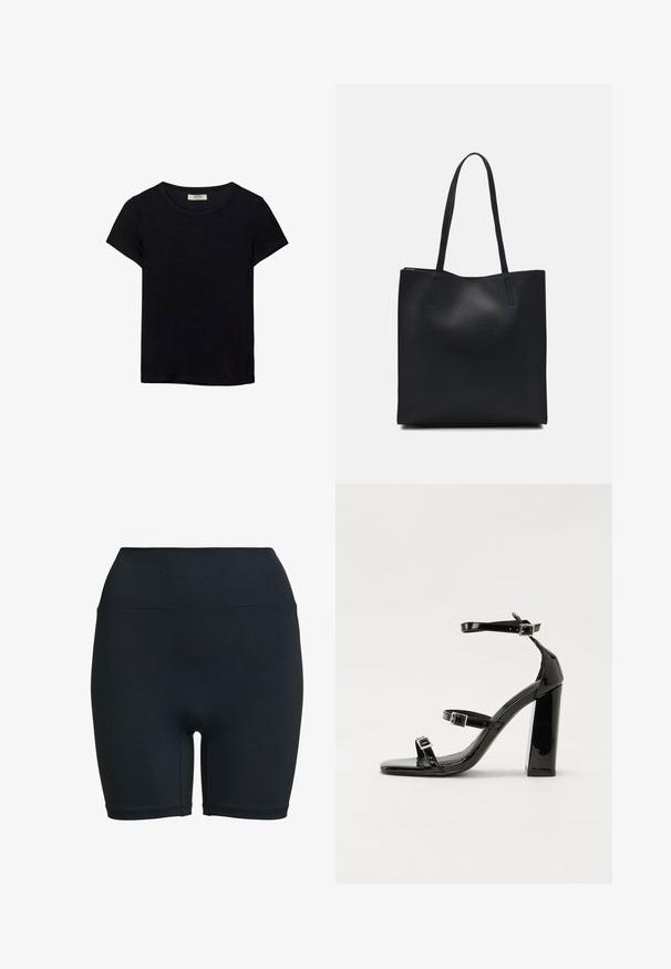 T-shirt noir à manches courtes en tissu doux. Il possède un col rond classique et une coupe décontractée. Aucun motif ni accent visible.; Shorts de vélo noirs taille haute en tissu extensible, avec une texture lisse et sans motifs visibles ni détails en métal.; Sandales à talons vernies noires avec un bout carré, des sangles autour de la cheville et des boucles en argent. Dotées d'un talon bloc épais pour plus de stabilité.; Sac fourre-tout en cuir noir avec une texture lisse, de forme rectangulaire et deux longues poignées. Pas de matériel ou d'ornementations visibles.