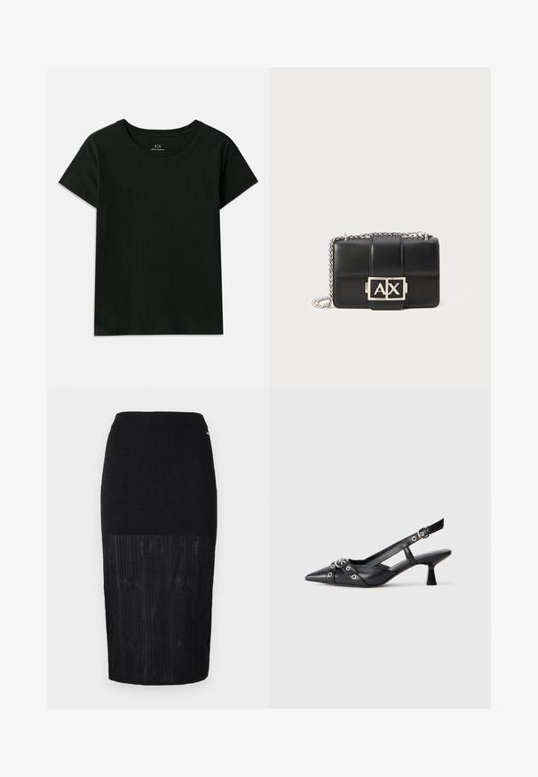 Melnā īsās piedurknes T-kreklā, kas izgatavots no kokvilnas. Piedāvā apaļu kakla izgriezumu un augšējiem pleciem iepresētu "Armani Exchange" tekstu. Vienkāršs dizains.; Melnā zīmuļu svārku ar teksturētu riboto apakšējo daļu, gludu augšējo daļu un elastīgu jostasvīru ērtai valkāšanai.; Melnas ādas šlipsveida kurpes ar norādītu purngalu, dekoratīvām joslām ar metāla acīm un zemu bloku papēdi. Teksturēta virsma.; Melnas ādas rokassomu ar quiltēta dizaina, sudraba ķēdes siksnu un izteiksmīgu sudraba "AX" logotipu priekšpusē. Kompaktā taisnstūra forma.