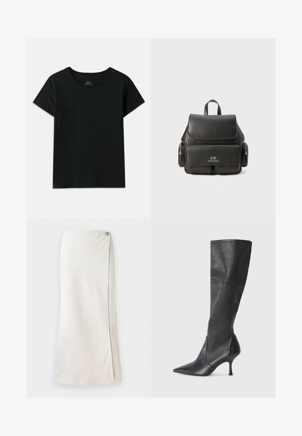 Czarna koszulka z krótkim rękawem z bawełny. Posiada okrągły dekolt oraz wypukły tekst "Armani Exchange" na ramieniu. Prosty design.; Długa biała spódnica z gładkiego materiału, z bocznym rozcięciem i dekoracyjnym srebrnym guzikiem przy pasku. Czyste linie i minimalistyczny design.; Czarne skórzane botki do kolan z ostrym noskiem i wąskim obcasem w szpilkę. Gładka tekstura z dopasowanym krojem i przeszyciem na górnej krawędzi.; Czarna skórzana plecak z klapą, przednią kieszenią, bocznymi kieszeniami na zamek oraz uchwytem u góry. Ma logo na przedniej stronie.