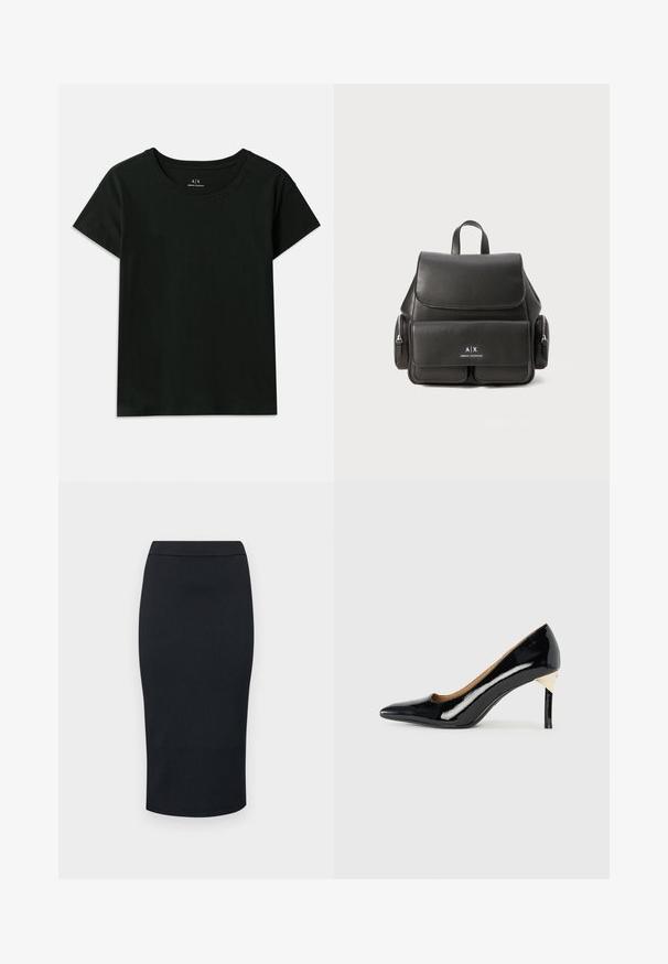 Juodas trumpomis rankovėmis T-marškiniai, pagaminti iš medvilnės. Su apvaliu kaklu ir iškilniu „Armani Exchange“ tekstu palei petį. Paprastas dizainas.; Armani Exchange GONNA - Pieštukinis sijonas - black; Juodas lakinės odos aukštakulnis batelis su smailiu noseliu ir išpjovų dizainu; turi elegantišką auksinį akcentą ant kulno. Paprastas ir elegantiškas.; Juodas odinis kuprinė su uždengimu, priekinė kišenė, šoninės užtrauktukų kišenės ir viršutinė rankena. Priekyje yra logotipo detalizavimas.