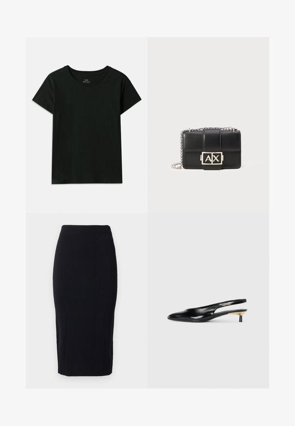 Črna kratka majica s kratkimi rokavi, narejena iz bombaža. Ima okroglo izrez in embosirano besedilo "Armani Exchange" ob rami. Preprost dizajn.; Črna svila krilo iz teksturirane tkanine, s pokončnimi šivi in prilegnjeno silhueto. Diskretno označevanje na pasu.; Črne slingback pumpe z ozkim nosom, sijočim usnjem in majhno peto z zlatim akcentom. Elegantna zasnova z odprtim zadnjim delom.; Črna usnjena torbica s kviltanim dizajnom, srebrnim verižnim trakom in izstopajočim srebrnim logotipom "AX" na sprednji strani. Kompaktna pravokotna oblika.