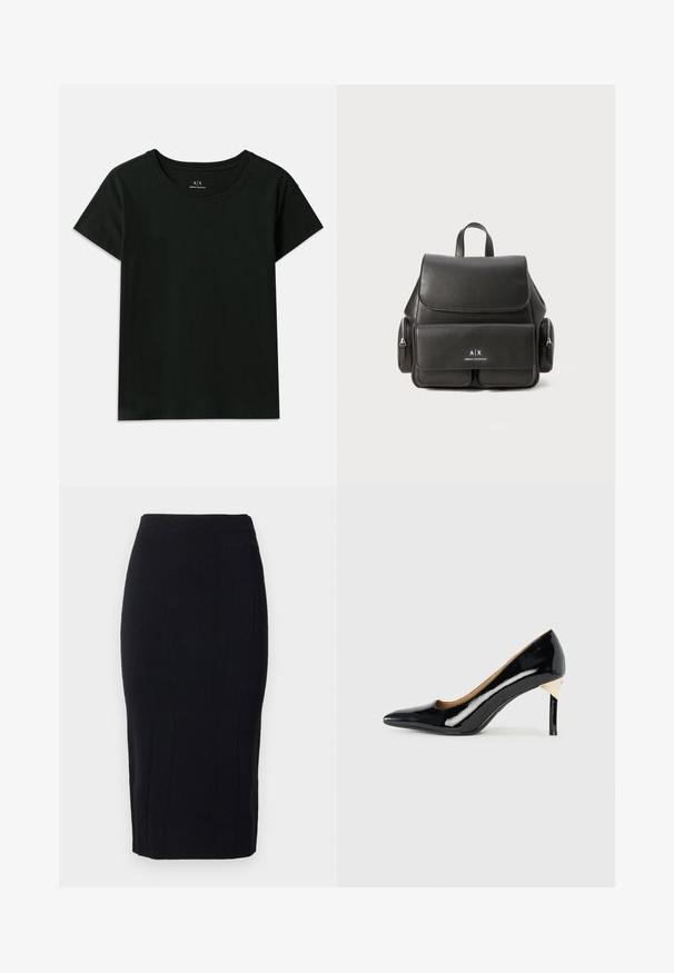 Fekete, rövid ujjú pamut póló. Kerek nyakú, az „Armani Exchange” felirat dombornyomott formában található a vállnál. Egyszerű dizájn.; Fekete, textúrált anyagból készült ceruzaszoknya, függőleges varrásokkal és testhez álló szabással. Diszkrét logóval a deréknál.; Fekete lakkbőrből készült magassarkú cipő, hegyes orral és kivágott dizájnnal; elegáns arany kiegészítő a saroknál. Egyszerű és elegáns.; Fekete bőr hátizsák, fedéllal záródik, elülső zsebbel, oldalsó cipzáras rekeszekkel és felső fogantyúval rendelkezik. Az elején logó részletezéssel.