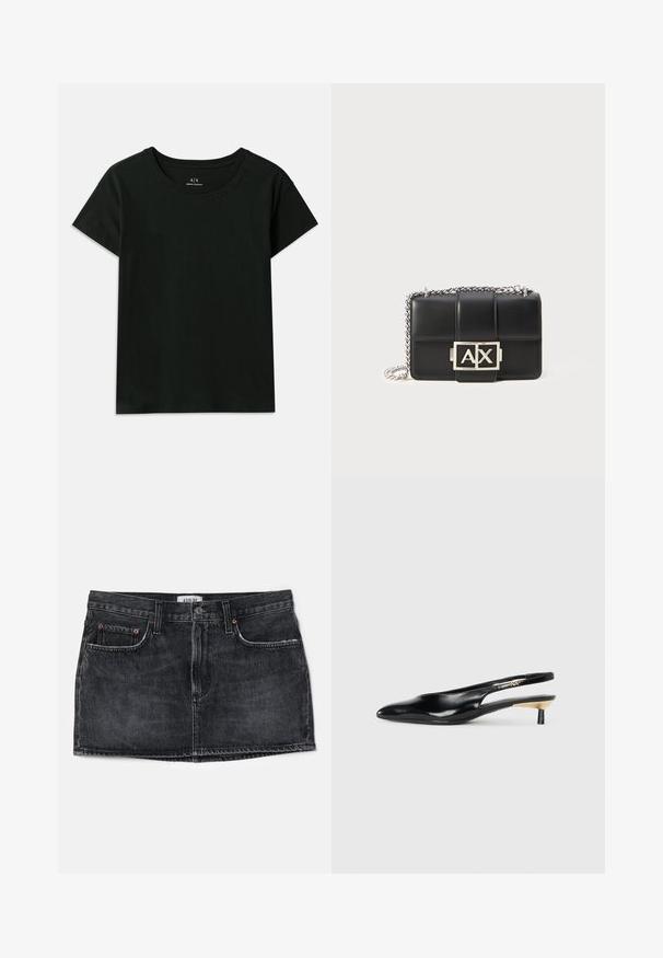 Fekete, rövid ujjú pamut póló. Kerek nyakú, az „Armani Exchange” felirat dombornyomott formában található a vállnál. Egyszerű dizájn.; Fekete farmer szoknya testhez simuló fazonnal, két elülső zsebbel és derékrésszel. Diszkrét varrásokkal és egy kis címkével a hátsó részen.; Fekete slingback pump, hegyes orral, fényes bőr felülettel és kis sarokkal, arany kiegészítéssel. Elegáns kialakítás nyitott háttal.; Fekete bőr kézitáska steppelt dizájnnal, ezüst lánccal, és egy kiemelkedő ezüst "AX" logóval az elején. Kompakt, téglalap alakú.
