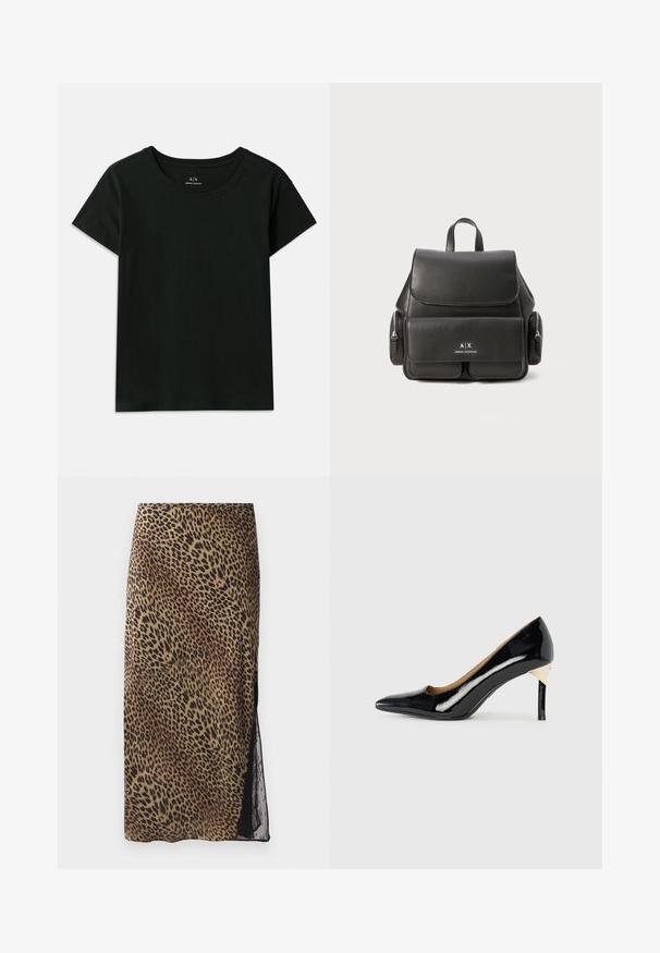 Schwarzes kurzärmeliges T-Shirt aus Baumwolle. Verfügt über einen Rundhalsausschnitt und geprägten "Armani Exchange"-Schriftzug entlang der Schulter. Einfaches Design.; Midikleid aus Leopardenmuster mit figurbetontem Schnitt, transparentem Spitzen-Seitenpaneel und glattem Stoff in erdigen Tönen.; Schwarzer Lackleder-High-Heel-Schuh mit spitzem Zehenbereich und Ausschnittdesign; mit einem eleganten goldenen Akzent am Absatz. Schlicht und elegant.; Schwarzer Leder-Rucksack mit Klappenverschluss, Fronttasche, seitlichen Reißverschlusstaschen und einem oberen Griff. Mit Logodetails auf der Vorderseite.