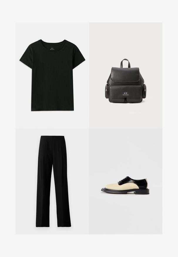 Musta lyhythihainen T-paita, joka on tehty puuvillasta. Ominaisuuksiin kuuluu pyöreä kaula-aukko ja kohokuvioitu "Armani Exchange" -teksti olkapään kohdalla. Yksinkertainen muotoilu.; Mustat leveälahkeiset housut, jotka on valmistettu sileästä kankaasta. Niissä on litteä vyötärö ja etupuolella raskaita laskoksia, jotka antavat räätälöidyn ilmeen. Ei näkyvää metalliosaa tai kuvioita.; Kaksivärinen nauhakenkä, jossa on kermaisen beige nahkainen etuosa ja kiiltävä musta nahkainen takaosa, sekä paksu musta teksturoitu pohja.; Musta nahkareppu, jossa on läppä suljenta, etutasku, sivu vetoketjutaskut ja yläkahva. Edessä logo-detailit.