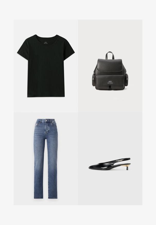 Fekete, rövid ujjú pamut póló. Kerek nyakú, az „Armani Exchange” felirat dombornyomott formában található a vállnál. Egyszerű dizájn.; Magas derekú kék farmerek egyenes lábvarrással, denim anyagból készült. Jellemzői közé tartozik a diszkrét elszíneződés és a klasszikus öt zsebes kialakítás.; Fekete slingback pump, hegyes orral, fényes bőr felülettel és kis sarokkal, arany kiegészítéssel. Elegáns kialakítás nyitott háttal.; Fekete bőr hátizsák, fedéllal záródik, elülső zsebbel, oldalsó cipzáras rekeszekkel és felső fogantyúval rendelkezik. Az elején logó részletezéssel.