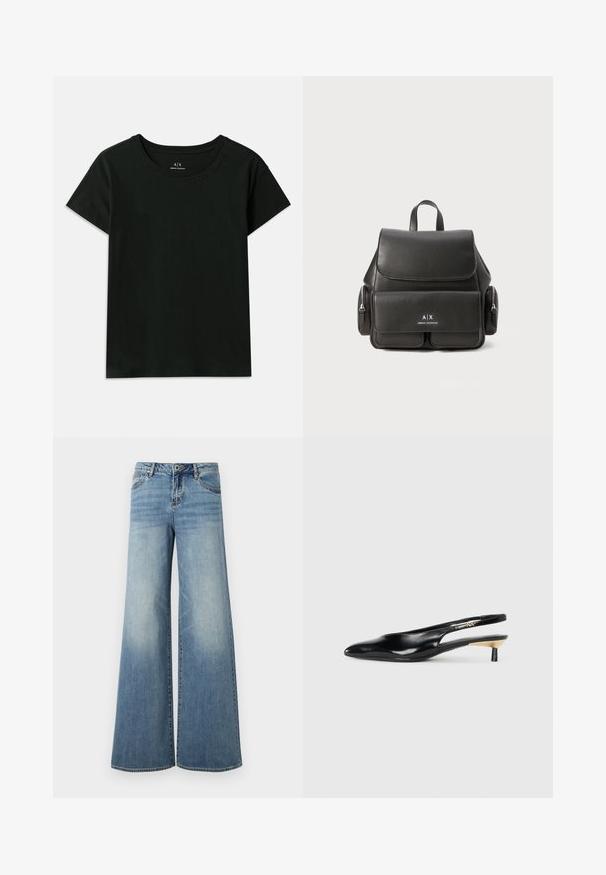 Melnā īsās piedurknes T-kreklā, kas izgatavots no kokvilnas. Piedāvā apaļu kakla izgriezumu un augšējiem pleciem iepresētu "Armani Exchange" tekstu. Vienkāršs dizains.; Gai zili platās kājas džinsi, izgatavoti no denima ar izbalējušu apdari. Iespējas: piecas kabatas, pogu aizdare un kontrastējoša šuvju krāsa.; Melnas slingback pump kurpes ar smailu purngalu, spīdīgu ādas apdari un mazu papēdi ar zelta akcentu. Elegants dizains ar atvērtu aizmuguri.; Melna ādas mugursoma ar atloku aizdari, priekšējo kabatu, sānu rāvējslēdzēju nodalījumus un augšējo rokturi. Iezīmēta ar logo detaļām priekšpusē.