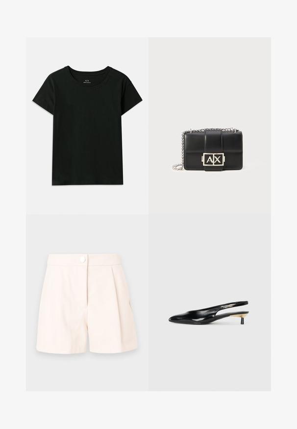 Juodas trumpomis rankovėmis T-marškiniai, pagaminti iš medvilnės. Su apvaliu kaklu ir iškilniu „Armani Exchange“ tekstu palei petį. Paprastas dizainas.; Šviesiai rudos klostuotos šortai, pagaminti iš lengvo audinio, su mygtuko užsegimu ir švariais, preciziškai suformuotais linijomis. Minkštas paviršius ir minimalus dizainas.; Juodos slingback aukštakulniai su pailgu pirštu, blizgi odinė apdaila ir mažas kulnas su auksiniu akcentu. Išmanus dizainas su atviru nugara.; Juodas odinis rankinukas su siuvinėtu raštu, sidabriniu grandinės dirželiu ir ryškiu sidabriniu "AX" logotipu priekyje. Kompaktiška stačiakampio formos.
