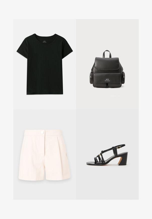 Fekete, rövid ujjú pamut póló. Kerek nyakú, az „Armani Exchange” felirat dombornyomott formában található a vállnál. Egyszerű dizájn.; Beige pliszírozott rövidnadrág könnyű anyagból, gombos záródással és letisztult, elegáns vonalakkal. Simább textúra és minimális dizájn.; Paul Smith AMIRA - Klasszikus sarkú cipők - black; Fekete bőr hátizsák, fedéllal záródik, elülső zsebbel, oldalsó cipzáras rekeszekkel és felső fogantyúval rendelkezik. Az elején logó részletezéssel.