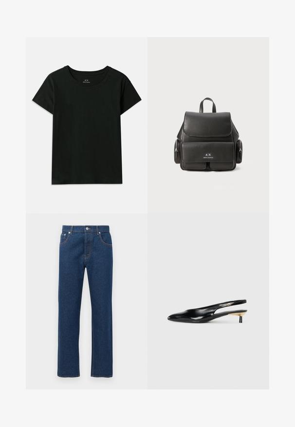 Tricou scurt negru din bumbac. Prezintă un guler tip crew neck și textul embosat "Armani Exchange" pe umăr. Design simplu.; Blugi din denim de culoare albastru închis, cu picioare drepti, buzunare frontale și posterior, bucle pentru brâu, închidere cu buton și cusături portocalii vizibile.; Pantof cu toc slingback negru, cu vârful ascuțit, finisaj din piele lucioasă și un toc mic cu un accent auriu. Design elegant cu spatele deschis.; Rucsac din piele neagră, cu închidere cu clapetă, buzunar frontal, compartimente cu fermoar pe lateral și un mâner de sus. Prezentă detalii cu sigla în față.