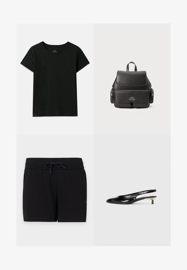 Čierne tričko s krátkym rukávom vyrobené z bavlny. Má klasický okrúhly výstrih a vytlačený nápis "Armani Exchange" pozdĺž ramena. Jednoduchý dizajn.; Čierne bavlnené šortky s elastickým pásom a šnúrkou. Majú čistý, jednoduchý dizajn a hladkú textúru.; Čierne slingback lodičky s ostrou špicou, lesklým koženým povrchom a malým podpätkom s zlatým doplnkom. Elegantný dizajn s otvorenou zadnou časťou.; Čierny kožený batoh s klopou, prednou kapsou, bočnými zipsovými vreckami a hornou rukoväťou. Obsahuje detaily loga na prednej strane.