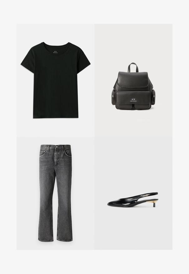 Crna majica kratkih rukava od pamuka. Ima okrugli izrez i reljefni natpis "Armani Exchange" duž ramena. Jednostavan dizajn.; Tamno sivi traperice s ravnim krojem, pet džepova i metalnim dodacima na struku i džepovima.; Crna slingback štikla s oštrim vrhom, sjajnom kožnom završnom obradom i malom petom s zlatnim naglaskom. Elegantan dizajn s otvorenom stražnjom stranom.; Crna kožna ruksak s preklopom, prednjim džepom, bočnim odjeljcima s patentnim zatvaračem i gornjom ručkom. Ima detalje s logotipom sprijeda.