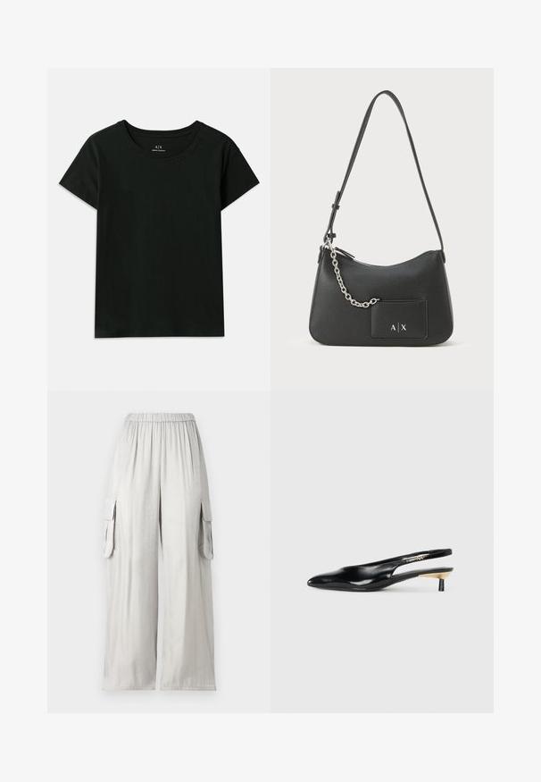 Schwarzes kurzärmeliges T-Shirt aus Baumwolle. Verfügt über einen Rundhalsausschnitt und geprägten "Armani Exchange"-Schriftzug entlang der Schulter. Einfaches Design.; Hellegraue weite Hose aus glattem Stoff, mit elastischem Bund und zwei seitlichen Cargotaschen.; Schwarze Slingback-Pumps mit spitzem Zehenbereich, glänzendem Lederfinish und kleinem Absatz mit goldenen Akzenten. Elegantes Design mit offenem Rücken.; Schwarze Leder-Umhängetasche mit strukturierter Oberfläche, einem Reißverschluss und einem silbernen Kettelement. Verfügt über eine Fronttasche mit Logo-Detail.