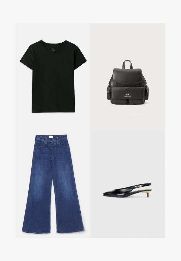 Juodas trumpomis rankovėmis T-marškiniai, pagaminti iš medvilnės. Su apvaliu kaklu ir iškilniu „Armani Exchange“ tekstu palei petį. Paprastas dizainas.; Mother THE TOMCAT ROLLER SNEAK - Platėjantys džinsai - blue; Juodos slingback aukštakulniai su pailgu pirštu, blizgi odinė apdaila ir mažas kulnas su auksiniu akcentu. Išmanus dizainas su atviru nugara.; Juodas odinis kuprinė su uždengimu, priekinė kišenė, šoninės užtrauktukų kišenės ir viršutinė rankena. Priekyje yra logotipo detalizavimas.