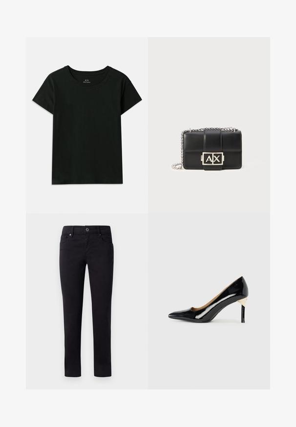 Fekete, rövid ujjú pamut póló. Kerek nyakú, az „Armani Exchange” felirat dombornyomott formában található a vállnál. Egyszerű dizájn.; Fekete pamut nadrág egyenes lábbal, elülső zsebekkel és gombos derékmegoldással. Sima textúrájú, mintázat nélkül.; Fekete lakkbőrből készült magassarkú cipő, hegyes orral és kivágott dizájnnal; elegáns arany kiegészítő a saroknál. Egyszerű és elegáns.; Fekete bőr kézitáska steppelt dizájnnal, ezüst lánccal, és egy kiemelkedő ezüst "AX" logóval az elején. Kompakt, téglalap alakú.