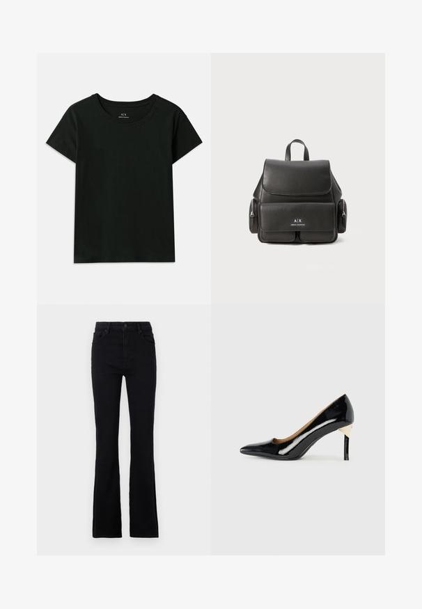 Čierne tričko s krátkym rukávom vyrobené z bavlny. Má klasický okrúhly výstrih a vytlačený nápis "Armani Exchange" pozdĺž ramena. Jednoduchý dizajn.; Čierne rozšírené džínsy vyrobené z bavlneného zmesi. Obsahujú zapínanie na gombík, pútka na opasok a dve predné vrecká pre praktické použitie.; Čierna lakovaná vysoká topánka s podpätkom a špicatou špičkou, s vyrezávaným dizajnom; obsahuje elegantný zlatý akcent na podpätku. Jednoduché a elegantné.; Čierny kožený batoh s klopou, prednou kapsou, bočnými zipsovými vreckami a hornou rukoväťou. Obsahuje detaily loga na prednej strane.