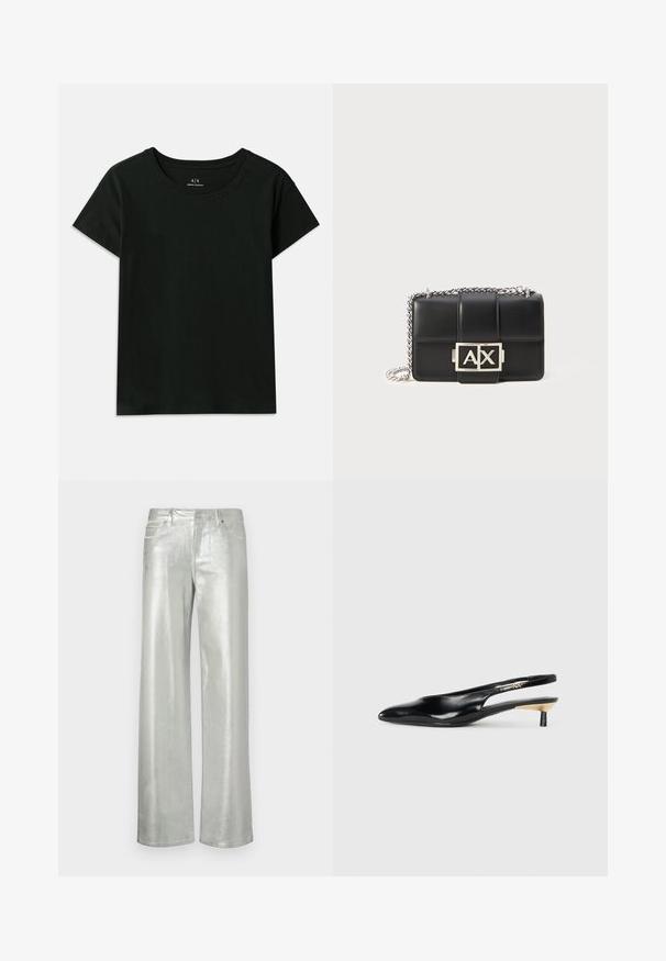 Melnā īsās piedurknes T-kreklā, kas izgatavots no kokvilnas. Piedāvā apaļu kakla izgriezumu un augšējiem pleciem iepresētu "Armani Exchange" tekstu. Vienkāršs dizains.; Sudraba platajās bikses, izgatavotas no metalizēta auduma. Iekļauj divas priekšējās kabatas un rāvējslēdzēja aizdari. Gluda tekstūra un spīdīga apdare.; Melnas slingback pump kurpes ar smailu purngalu, spīdīgu ādas apdari un mazu papēdi ar zelta akcentu. Elegants dizains ar atvērtu aizmuguri.; Melnas ādas rokassomu ar quiltēta dizaina, sudraba ķēdes siksnu un izteiksmīgu sudraba "AX" logotipu priekšpusē. Kompaktā taisnstūra forma.