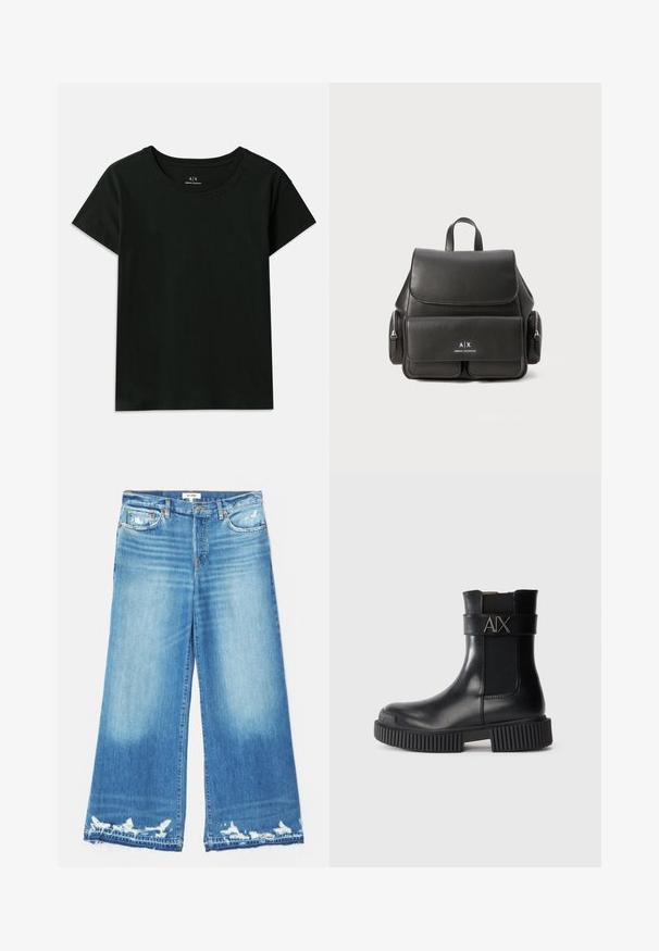Black short-sleeve T-shirt made of cotton. Features a crew neck and embossed "Armani Exchange" text along the shoulder. Simple design.; RE/DONE PALAZZO - Wide Leg - minerva; Black ankle boots made of glossy leather with elastic side panels. Features a chunky ribbed sole and a strap with "AIX" logo.; Black leather backpack with a flap closure, front pocket, side zipper compartments, and a top handle. Features logo detailing at the front.