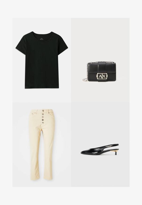Fekete, rövid ujjú pamut póló. Kerek nyakú, az „Armani Exchange” felirat dombornyomott formában található a vállnál. Egyszerű dizájn.; Bézs színű farmernadrág, pamutból készült, öt fém gombbal záródik elöl, és egyenes lábakkal rendelkezik. Simább textúra és klasszikus dizájn jellemzi.; Fekete slingback pump, hegyes orral, fényes bőr felülettel és kis sarokkal, arany kiegészítéssel. Elegáns kialakítás nyitott háttal.; Fekete bőr kézitáska steppelt dizájnnal, ezüst lánccal, és egy kiemelkedő ezüst "AX" logóval az elején. Kompakt, téglalap alakú.