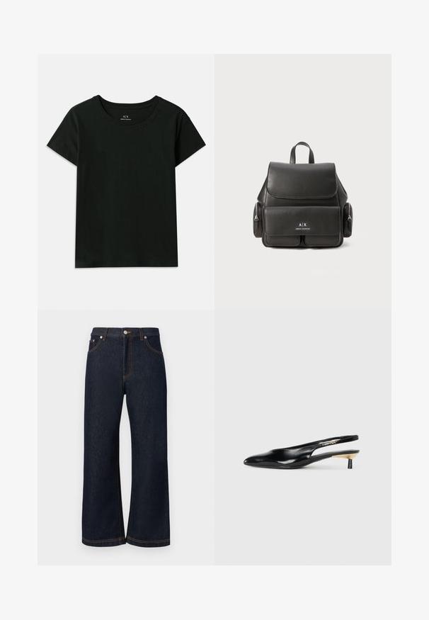 Černé tričko s krátkým rukávem vyrobené z bavlny. Má kulatý výstřih a vyražený text "Armani Exchange" podél ramene. Jednoduchý design.; Džínové kalhoty tmavého praní s širokým střihem, se žlutým prošíváním a předním zapínáním na knoflík. Bez viditelných opotřebení nebo vzorů.; Černé slingback lodičky s špičatou špičkou, lesklým koženým povrchem a malým podpatkem se zlatým akcentem. Elegantní design s otevřenou zadní částí.; Černý kožený batoh s klopou, přední kapsou, bočními zipovými přihrádkami a horní rukojetí. Na přední straně je umístěno logo.