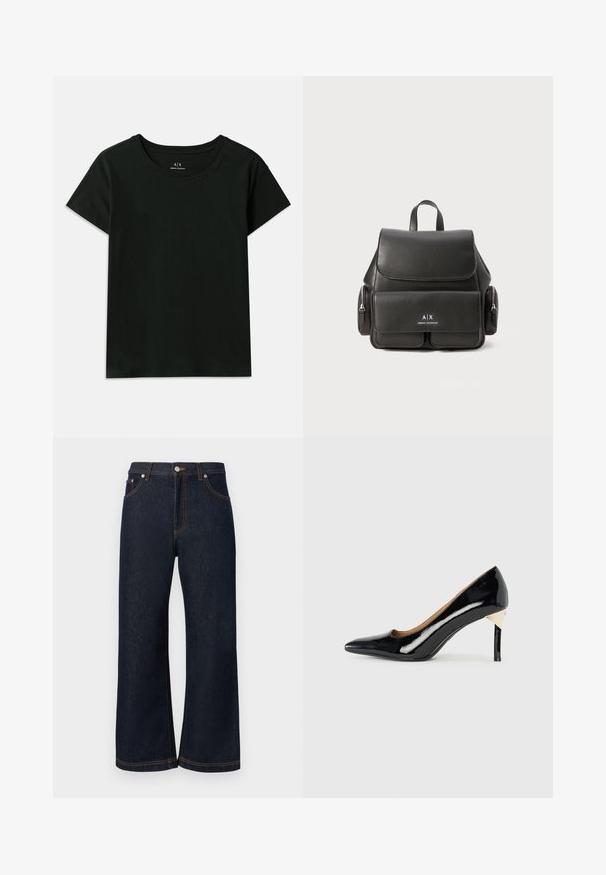 Tricou scurt negru din bumbac. Prezintă un guler tip crew neck și textul embosat "Armani Exchange" pe umăr. Design simplu.; Jeans din denim de spălare închisă, cu un croi larg, prezentând cusături portocalii și închidere cu buton în față. Fără uzură vizibilă sau tipare.; Pantofii cu toc înalt din piele patent neagră, cu vârf ascuțit și design cu decupaje; prezintă un accent elegant din aur pe toc. Simpli și eleganți.; Rucsac din piele neagră, cu închidere cu clapetă, buzunar frontal, compartimente cu fermoar pe lateral și un mâner de sus. Prezentă detalii cu sigla în față.