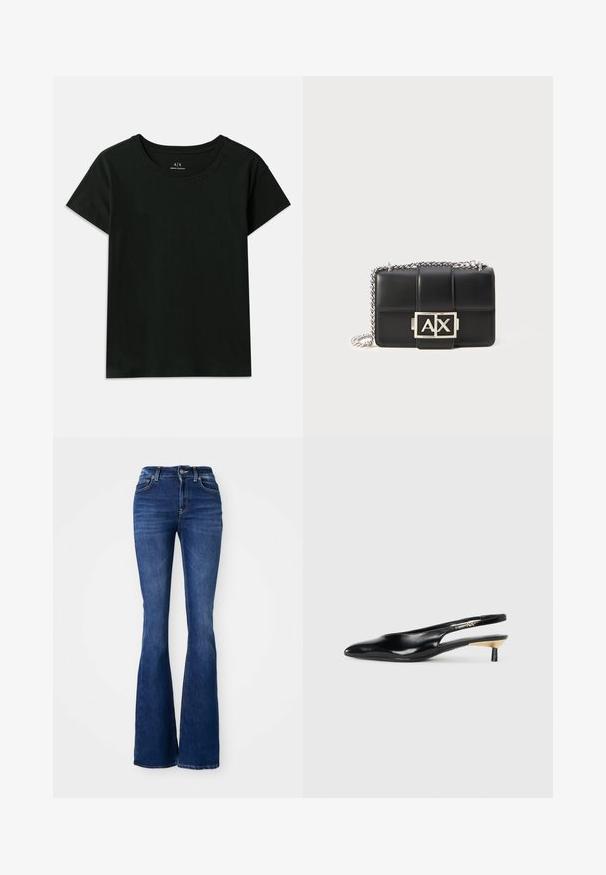 Črna kratka majica s kratkimi rokavi, narejena iz bombaža. Ima okroglo izrez in embosirano besedilo "Armani Exchange" ob rami. Preprost dizajn.; Temno modri široki kavbojke z visokim pasom, izdelane iz jeansa, z kontrastnim šivanjem in sprednjim gumbom.; Črne slingback pumpe z ozkim nosom, sijočim usnjem in majhno peto z zlatim akcentom. Elegantna zasnova z odprtim zadnjim delom.; Črna usnjena torbica s kviltanim dizajnom, srebrnim verižnim trakom in izstopajočim srebrnim logotipom "AX" na sprednji strani. Kompaktna pravokotna oblika.