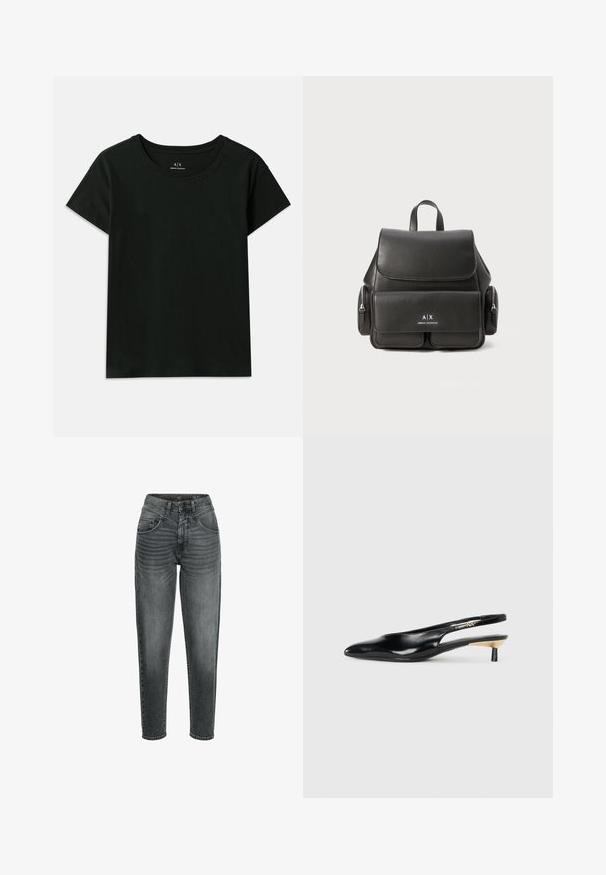 Sort kortærmet T-shirt lavet af bomuld. Har en rund halsudskæring og prægede "Armani Exchange"-tekster langs skulderen. Enkelt design.; camel active MOM FIT 5-POCKET - Jeans Tapered Fit - dark grey used; Sort slingback stiletto med spids tå, blank læderfinish og en lille hæl med guldaccent. Slankt design med åben ryg.; Sort læderrygsæk med flaplukning, for-lynlomme, sidelommer med lynlås og et topgreb. Har logodetaljer foran.