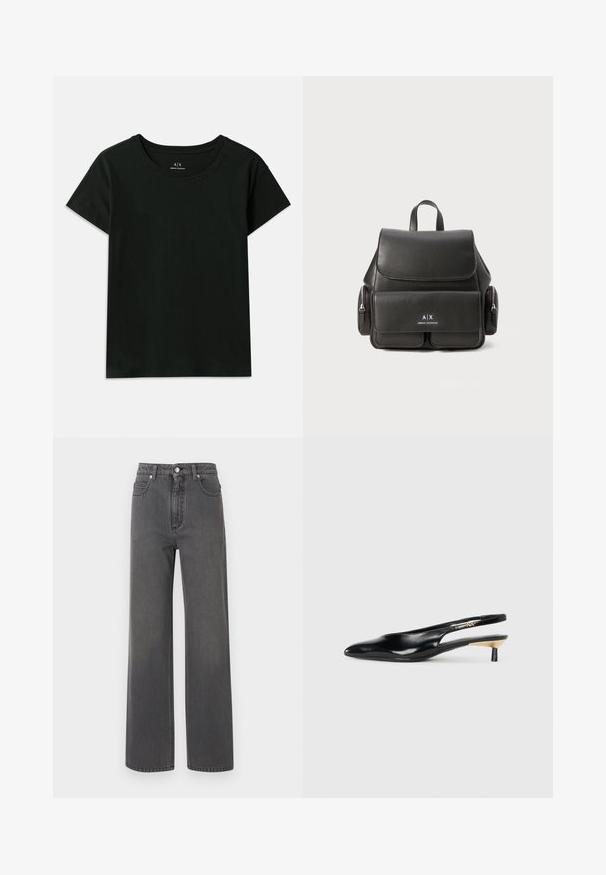 Svart kortermet T-skjorte laget av bomull. Har rund hals og preget "Armani Exchange"-tekst langs skulderen. Enkel design.; Vide ben, grå denimjeans med høy midje, frontlukking med knapp og kontraststing. Har to sidelommer og en glatt tekstur.; Sorte slingback pumps med spiss tå, glanset skinnfinish og en liten hæl med gullakcent. Elegant design med åpen bak.; Svart skinnryggsekk med klafflukkning, frontlomme, sidelommer med glidelås og et håndtak på toppen. Har logo-detaljer på forsiden.