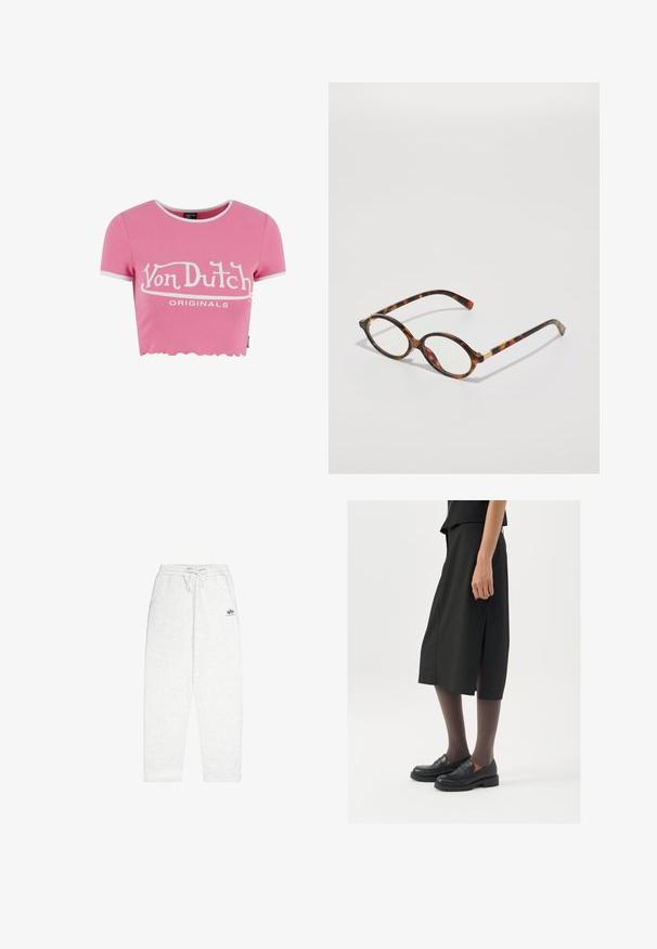 Ružičasta kratka majica od rebrastog materijala s bijelim valovitim rubom. Sadrži logo "Von Dutch" u bijelom otiscima na prednjem dijelu. Kratke rukave.; Svijetlosive trenirke od mekanog materijala, s elastičnom trakom oko struka koja se može stegnuti, bočnim džepovima i malim logom sprijeda.; Crna suknja do koljena s bočnim prorezom, uparena s crnim loafericama i prozirnim smešnim čarapama, sa glatkom tkaninom i jednostavnim dizajnom.; Načini naočala od žirafa u ovalnom okviru, prozirnim staklima i zlatnim akcentima. Ima zakrivljene noge i glatku, sjajnu završnu obradu.; Srebrne naušnice u obliku kružnice s glatkom, poliranom površinom i tankim, okruglim oblikom. Dizajn uključuje sigurno kopčanje.