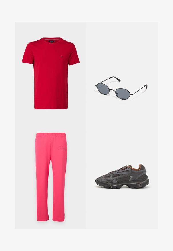 Red cotton t-shirt with short sleeves, crew neck, and a small logo on the left chest. Smooth texture and regular fit.; Pink cotton lounge pants with an elastic waistband and embroidered logo detail on the front. Features a straight-leg design.; Lacoste sneakers in dark gray with mesh and synthetic material, featuring a textured sole and brown accents on the collar and branding.; Black oval sunglasses with dark lenses and thin metal frames. Features slender arms with a subtle curve at the ends.