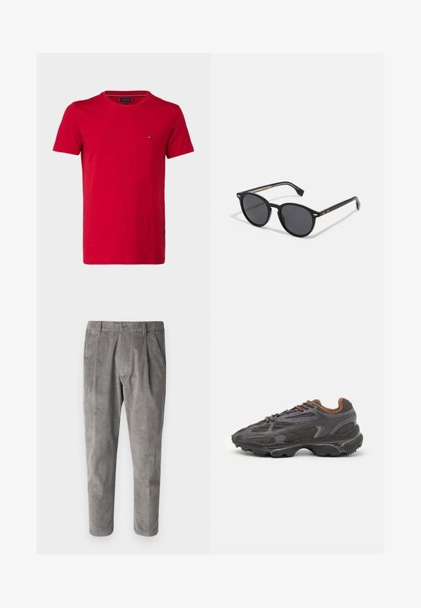 T-shirt en coton rouge à manches courtes, col rond, et un petit logo sur la poitrine gauche. Texture lisse et coupe régulière.; Pantalons en velours côtelé gris avec un motif de rayures verticales texturé, dotés d'une fermeture par bouton et de deux poches latérales. Coupe ajustée et longueur raccourcie.; Baskets Lacoste en gris foncé, en matériau mesh et synthétique, avec une semelle texturée et des accents marron sur le col et le branding.; BOSS Lunettes de soleil - black