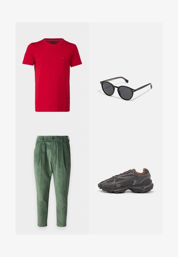 Červené bavlněné tričko s krátkým rukávem, kulatým výstřihem a malým logem na levé hrudi. Hladká textura a běžný střih.; Zelené kordové kalhoty s běžným střihem, s puky, elastickým pasem a jedním knoflíkem na zapínání. Hladký, strukturovaný materiál.; Sněrovací boty Lacoste v tmavě šedé barvě s síťovinou a syntetickým materiálem, prezentující texturovanou podrážku a hnědé detaily na límci a logu.; BOSS Sluneční brýle - black