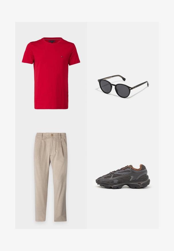 T-shirt in cotone rosso con maniche corte, collo rotondo e un piccolo logo sul lato sinistro del petto. Texture liscia e vestibilità regolare.; Pantaloni in cordura beige con un cintura elastica, chiusura con bottone e dettagli plissettati, caratterizzati da un design a gamba dritta e un tessuto testurizzato.; Sneaker Lacoste grigie scure in materiale mesh e sintetico, con suola testurizzata e dettagli marroni sul colletto e sul branding.; BOSS Occhiali da sole - black