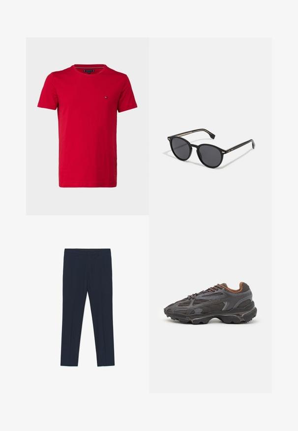 Sarkans kokvilnas T-krekls ar īsām piedurknēm, apaļu kakla izgriezumu un mazu logo kreisajā krūšu pusē. Gluda tekstūra un regulāra piegriezne.; Tumši zili formālie bikses ar piemērotu dizainu, gludu tekstūru un divām priekšpusē kabatām, ar tīrām līnijām un taisnu piegriezumu.; Lacoste kedas tumši pelēkā krāsā ar acu audumu un sintētisko materiālu, ar teksturētu zoli un brūniem akcentiem apkaklītē un zīmola uzrakstā.; BOSS Saulesbrilles - black