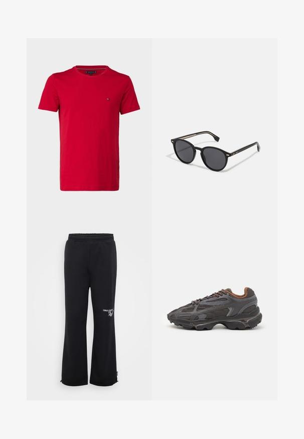 Camiseta de algodão vermelha com mangas curtas, gola redonda e um pequeno logótipo no lado esquerdo do peito. Textura suave e corte regular.; Calças de treino pretas com um corte descontraído, feitas de um tecido suave. Apresentam uma cintura elástica e bolsos laterais, com um logótipo numa perna.; Ténis Lacoste em cinza-escuro com material em malha e sintético, apresentando uma sola texturizada e detalhes castanhos na gola e na marca.; BOSS Óculos de sol - black