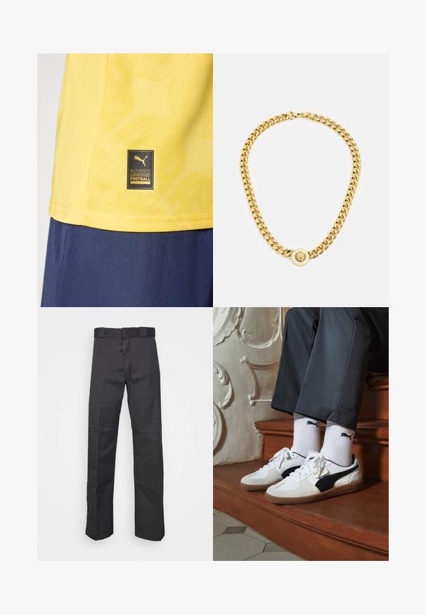 Sárga sportmez, fekete és arany Puma "Hivatalosan Engedélyezett Futball" címkével a szegélyén, sötétkék rövidnadrág felett viselve.; Fekete nadrág tartós anyagból, egyenes szárú kivitelben, övhurkokkal ellátott derékkal és további textúrát adó varratokkal.; Fehér és fekete velúr Puma sportcipők, barna gumitalppal. Fehér zoknival párosítva, amely fekete logót visel, sötét nadrággal kombinálva.; Arany lánc nyaklánc nagy, egymásba fonódó gyűrűkkel, középen egy kiemelkedő emblémával ellátott kört alakító medállal.