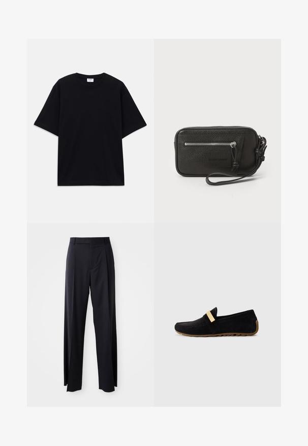 Svart kortärmad oversized T-shirt med rund halsringning och synlig Filippa K-märkesetikett inuti kragen.; Svarta, högmidjade byxor med vida ben, gjorda av mjukt tyg. Har framtill veck och bälteshällor. Minimalistisk design, ingen synlig hårdvara.; Svart mockaloafer med ett guldfärgat band över främre delen, platt gummisula med strukturerat grepp och rundad tådesign.; Svart läderclutch med texturerad yta, framfickan med dragkedja och avtagbar handledsrem. Har en logotypetikett framtill. Rektangulär form.
