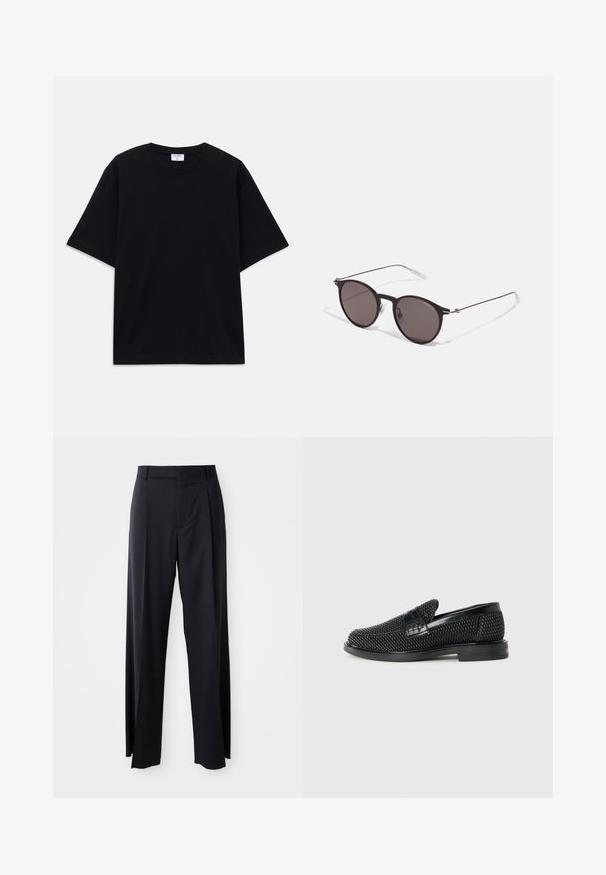 Svart kortärmad oversized T-shirt med rund halsringning och synlig Filippa K-märkesetikett inuti kragen.; Svarta, högmidjade byxor med vida ben, gjorda av mjukt tyg. Har framtill veck och bälteshällor. Minimalistisk design, ingen synlig hårdvara.; Svart vävd slip-on sko med en slät läderdetalj på ovansidan, med rund tådesign och en låg gummisula.; Svarta runda solglasögon med mörka linser och smala metallarmar. Inkluderar klara tempeltips och silverdetaljer vid gångjärnet. Minimalistisk design.