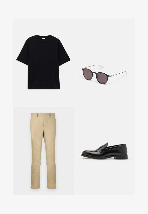Czarny, krótki rękaw, oversize'owy T-shirt z okrągłym dekoltem i widoczną metką marki Filippa K wewnątrz kołnierza.; Beżowe lniane spodnie, proste nogawki, lekką tkaniną o subtelnej fakturze, z klasycznym pasem i bez widocznych wzorów.; Czarne skórzane mokasyny o gładkiej fakturze, zaokrąglonym nosku i dekoracyjnym pasku na przodzie. Niski, warstwowy obcas, minimalistyczny design.; Czarne okrągłe okulary przeciwsłoneczne z ciemnymi soczewkami i smukłymi metalowymi ramkami. Zawierają przezroczyste końcówki zauszników oraz srebrne akcenty przy zawiasie. Minimalistyczny design.