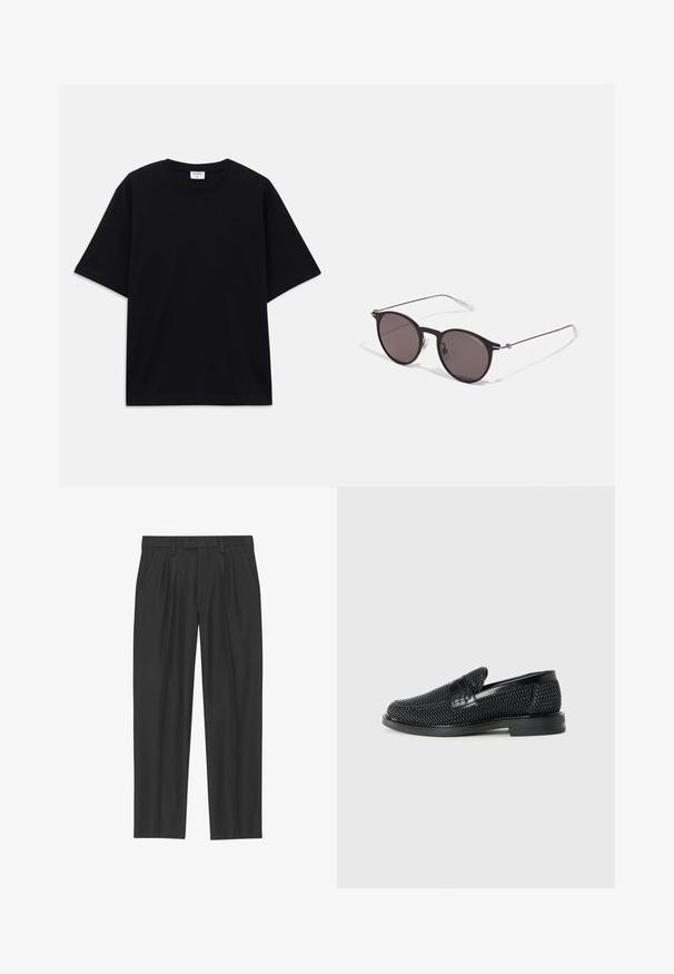 Sort oversized T-shirt med korte ærmer og rund halsudskæring, med synlig Filippa K mærke indeni kraven.; Sorte plisserede bukser lavet af et glat stof; har en talje med bæltesløjfer og en lige benpasform. Minimalistisk design uden mønstre.; Sort vævet slip-on sko med en glat læderdetalje på overdelen, en rund tådesign og en lavprofil gummisål.; Sorte runde solbriller med mørke linser og slanke metalarme. Inkluderer klare tempeltips og sølvdetaljer ved hængslet. Minimalistisk design.