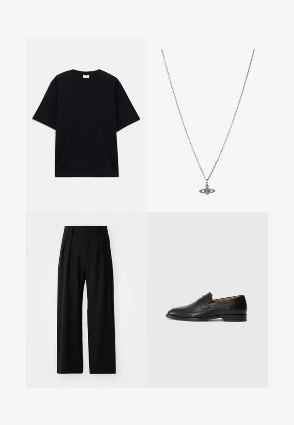 Black short-sleeve oversized T-shirt with round neckline and visible Filippa K brand label inside the collar.; Black wide-leg trousers with a smooth texture, featuring two front pleats, a button closure, and side pockets. Durable fabric.; Black leather loafer with a rounded toe, subtle stitched detailing, and a low heel, featuring a smooth texture and minimalist design.; Silver chain necklace featuring a detailed pendant in the shape of a planet, adorned with small accents and intricate patterns.