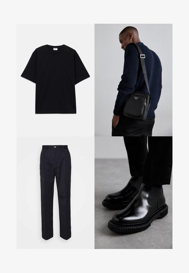 Fekete, rövid ujjú, oversize póló kerek nyakkivágással és látható Filippa K márkacédulával a gallér belső részén.; Fekete, egyenes szárú, szabott nadrág sima anyagból, elöl gombos záródással és két oldalsó zsebbel.; Fekete bőr Chelsea csizma sima felülettel, elasztikus oldalsó panelekkel és vastag, textúrált gumitalppal, amely durva mintázattal rendelkezik.; Fekete bőr keresztpántos táska cipzáras rekesszel, logó részlettel és márkázott állítható pánttal. Egy texturált tengerészkék pulóver mellett viselve.