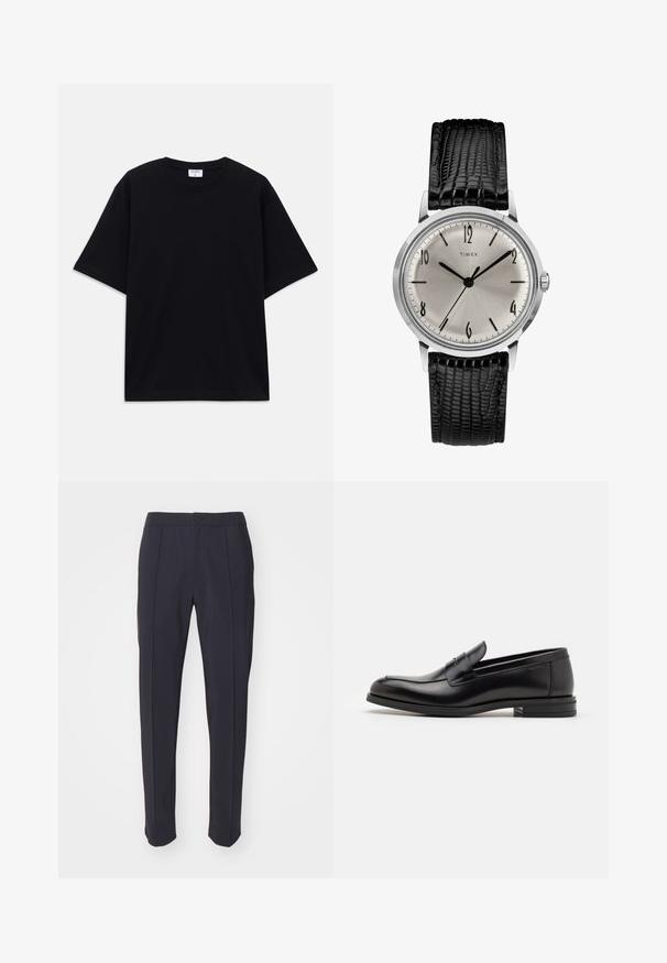 Black short-sleeve oversized T-shirt with round neckline and visible Filippa K brand label inside the collar.; Navy trousers featuring a tailored design, flat front, and two front pleats. Made of smooth fabric with a standard waistband and button closure.; Black leather loafers with a smooth texture, rounded toe, and a decorative strap across the vamp. Low stacked heel, minimalist design.; Timex wristwatch with a silver dial, black hour markers, and steel case. It features a textured black leather strap. Simple, elegant design.