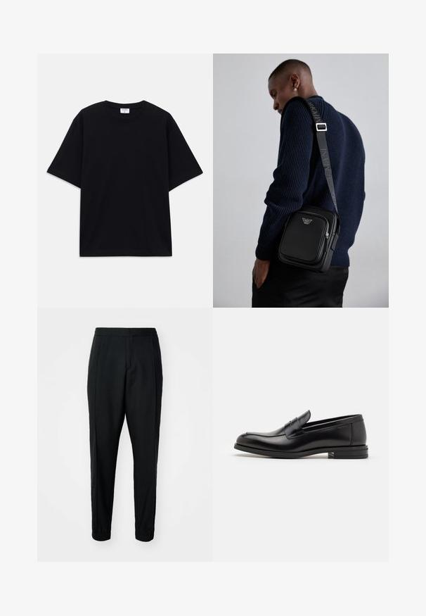 Čierne nadrozmerné tričko s krátkym rukávom a okrúhlym výstrihom, s viditeľnou značkovou etikou Filippa K vo vnútri goliera.; Čierne zúžené nohavice s hladkým povrchom, elastickým pásom a manžetami. Obsahujú skladby vpredu pre vytvorenie elegantného vzhľadu.; Čierne kožené mokasíny s hladkou textúrou, zaoblenou špičkou a dekoračným pásikom cez priehlavok. Nízky vrstvený opätok, minimalistický dizajn.; Čierna kožená kabelka cez telo s uzatvárateľnou priehradkou, detailom loga a nastaviteľným popruhom s nápisom značky. Nosená proti textúrovanej námorníckej svetri.