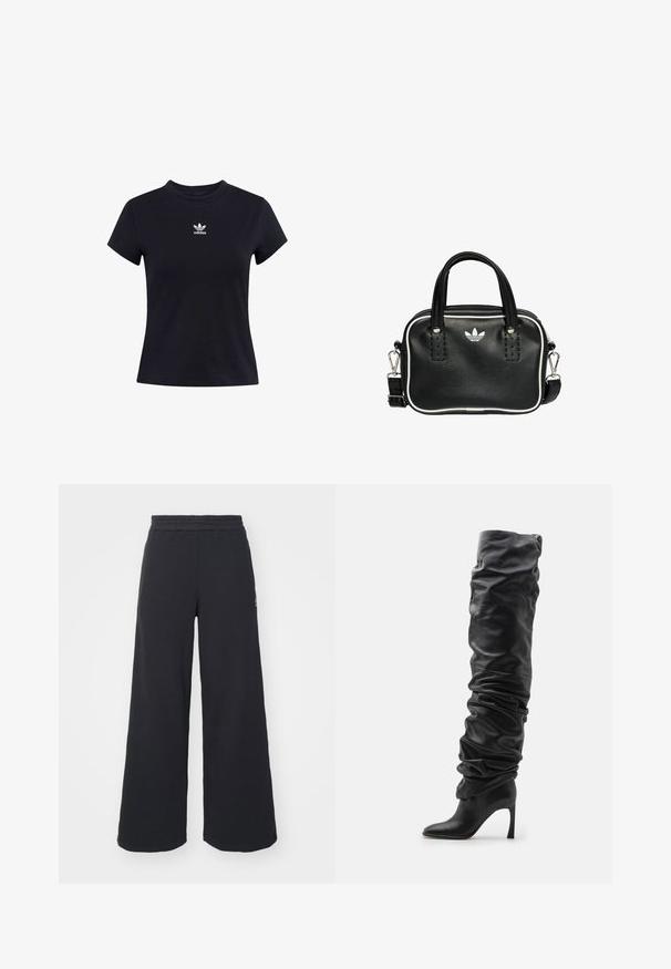 Zwarte t-shirt met korte mouwen van katoen. Heeft een ronde halslijn en een wit Adidas-logo met drie bladeren op de borst.; Zwarte wijde sweatpants gemaakt van zachte stof, met een elastische tailleband en een klein logo aan de linkerkant.; Zwarte leren over-de-knie laars met een slouchy ontwerp, puntige neus en een stilettohak. Beschikt over een zachte textuur en geraffineerde details.; Zwarte leren handtas met twee korte handvatten, zilverkleurige hardware, witte accenten en een wit logo. Heeft een gestructureerd oppervlak en een compact ontwerp.