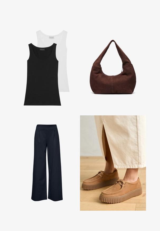 Kaks musta ja valget tanktoppi. Valmistatud pehmest puuvillast, neil on ümar kaelus ja varrukateta disain. Sildid on nähtavad selja taga.; Laiad püksid venivast tumesinisest kangast, sujuva vöökoha ja kahe esimeses taskuga, lõdva istuvuse ja täispikkuse disainiga.; Kohvitan värvi nahast kingad, millel on tekstureeritud pind, ümar varvas ja paksud, soonilised tallad. Kinnised ja õmbluste detailid täiustavad disaini.; Pruuni nahkhiirekott, millega on kaasas kumer ja lai käepide ning suur avaus. Pehme tekstuuriga, mille servadel on nähtavad õmblustähed.