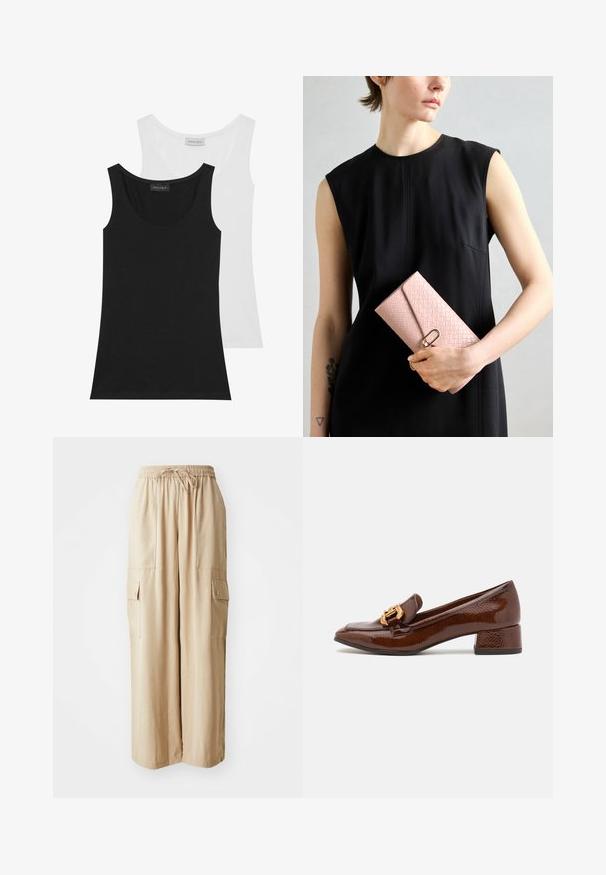 Two tank tops in black and white. Made of soft cotton, they feature a round neckline and sleeveless design. Labels are visible at the back.; Beige wide-leg cargo pants made from a lightweight fabric. Features an elastic waistband, drawstring, and side pockets with flaps.; Brown leather loafers with a glossy finish, featuring a decorative gold buckle on the front and a low block heel. Classic design.; Light pink woven wallet with a textured finish, featuring a gold clasp. Held by a person wearing a black sleeveless dress. Simple design.